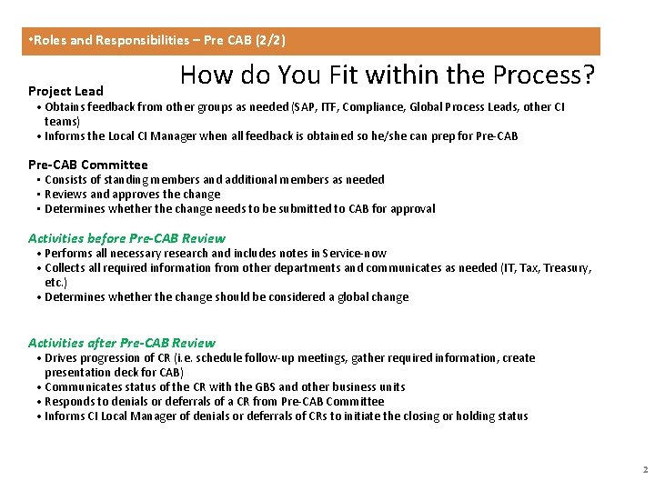  • Roles and Responsibilities – Pre CAB (2/2) Project Lead How do You