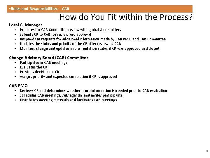  • Roles and Responsibilities – CAB Local CI Manager How do You Fit