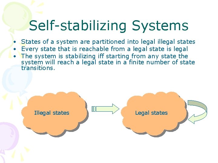 Self-stabilizing Systems • States of a system are partitioned into legal illegal states •