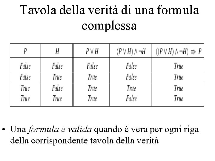 Tavola della verità di una formula complessa • Una formula è valida quando è