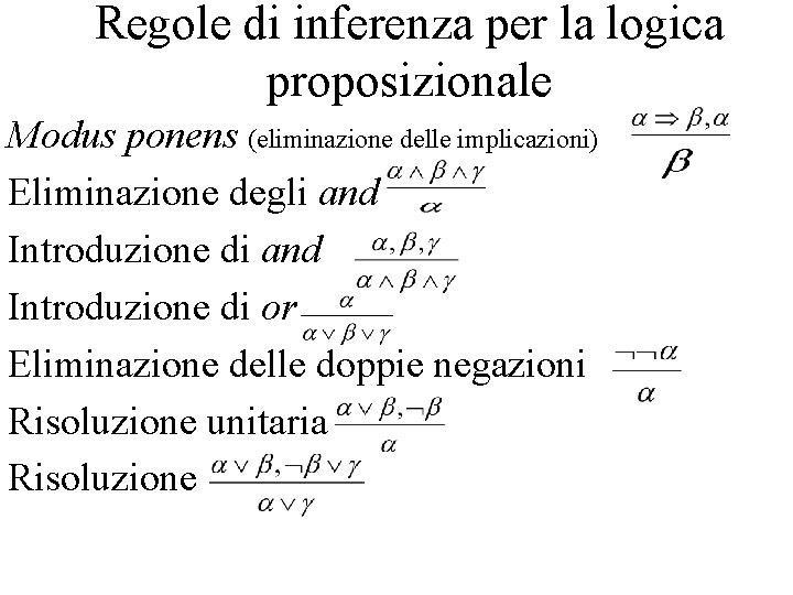 Regole di inferenza per la logica proposizionale Modus ponens (eliminazione delle implicazioni) Eliminazione degli