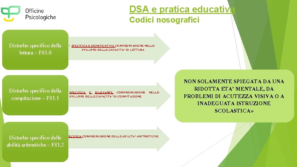 DSA e pratica educativa Codici nosografici Disturbo specifico della lettura – F 81. 0
