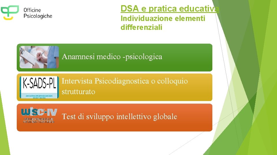 DSA e pratica educativa Individuazione elementi differenziali Anamnesi medico -psicologica Intervista Psicodiagnostica o colloquio