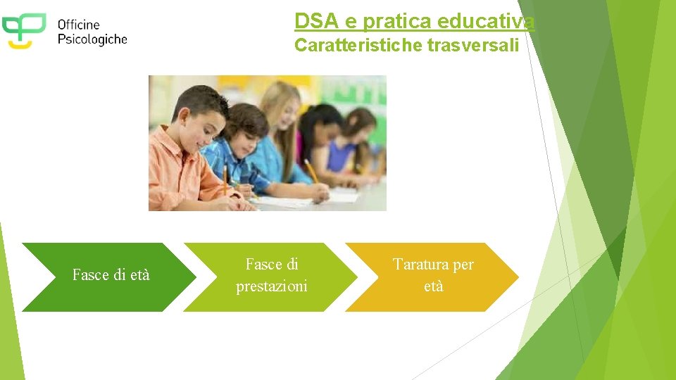 DSA e pratica educativa Caratteristiche trasversali Fasce di età Fasce di prestazioni Taratura per