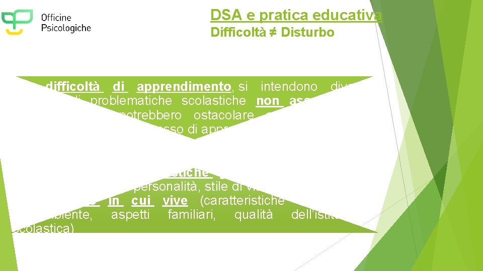 DSA e pratica educativa Difficoltà ≠ Disturbo Per difficoltà di apprendimento, si intendono diverse