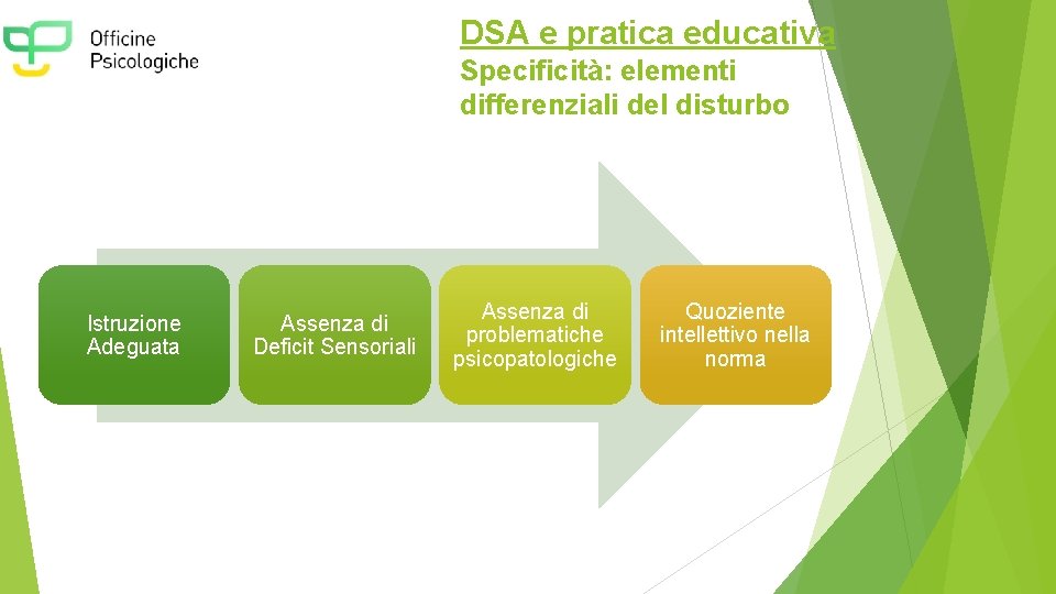 DSA e pratica educativa Specificità: elementi differenziali del disturbo Istruzione Adeguata Assenza di Deficit