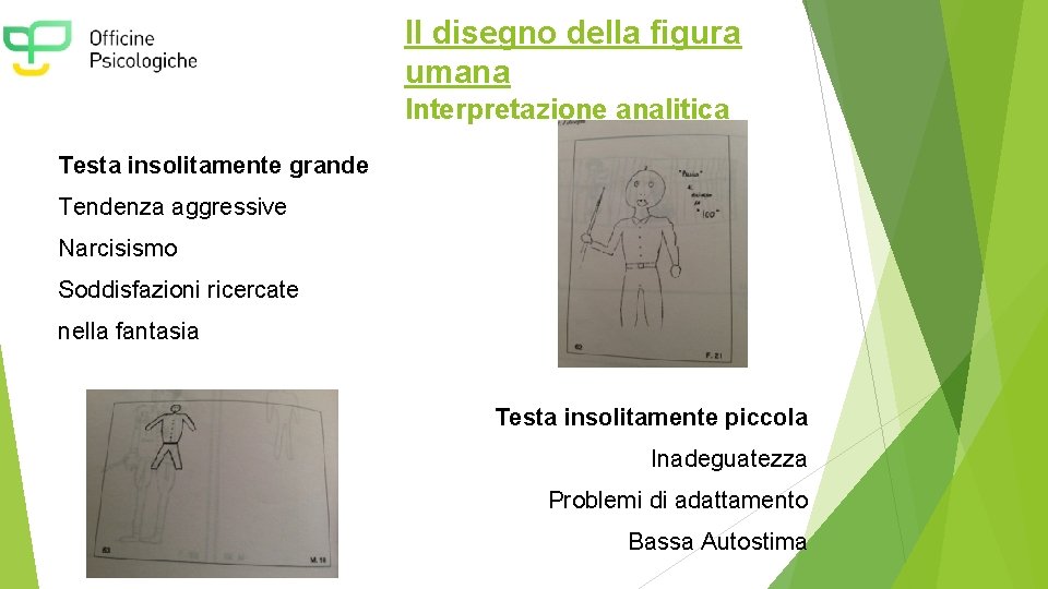 Il disegno della figura umana Interpretazione analitica Testa insolitamente grande Tendenza aggressive Narcisismo Soddisfazioni