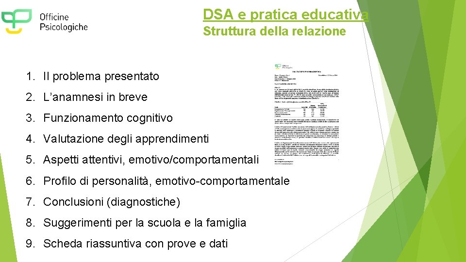 DSA e pratica educativa Struttura della relazione 1. Il problema presentato 2. L’anamnesi in