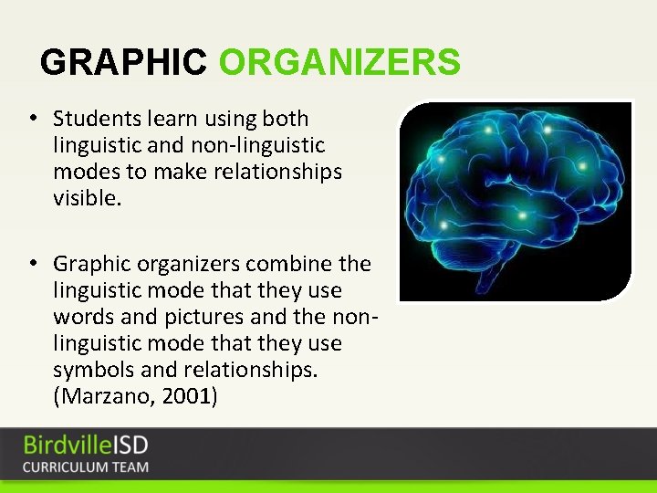 GRAPHIC ORGANIZERS • Students learn using both linguistic and non-linguistic modes to make relationships