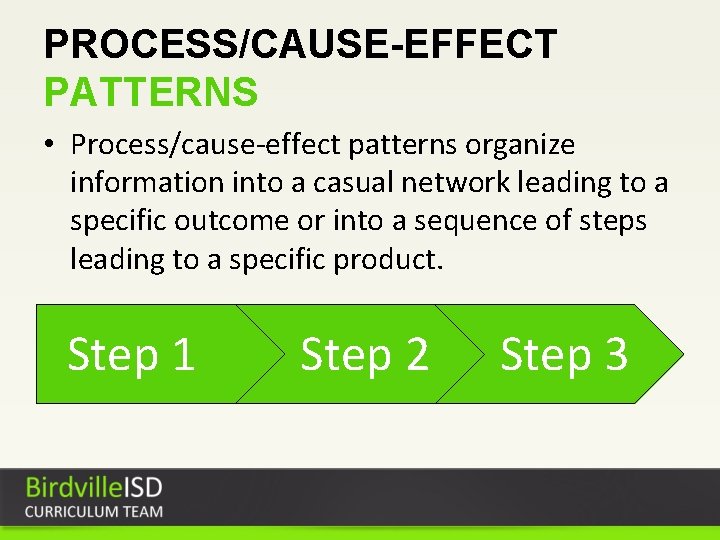 PROCESS/CAUSE-EFFECT PATTERNS • Process/cause-effect patterns organize information into a casual network leading to a