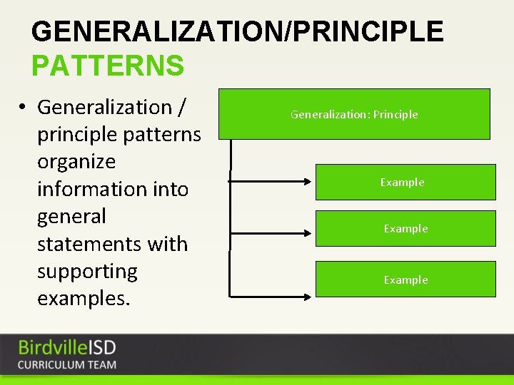 GENERALIZATION/PRINCIPLE PATTERNS • Generalization / principle patterns organize information into general statements with supporting