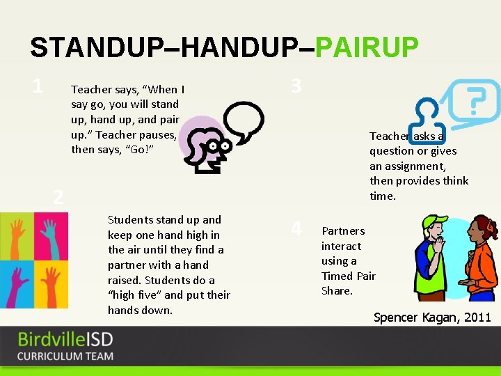 STANDUP–HANDUP–PAIRUP 1 Teacher says, “When I say go, you will stand up, hand up,