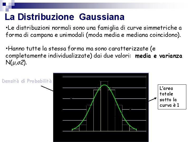 La Distribuzione Gaussiana • Le distribuzioni normali sono una famiglia di curve simmetriche a