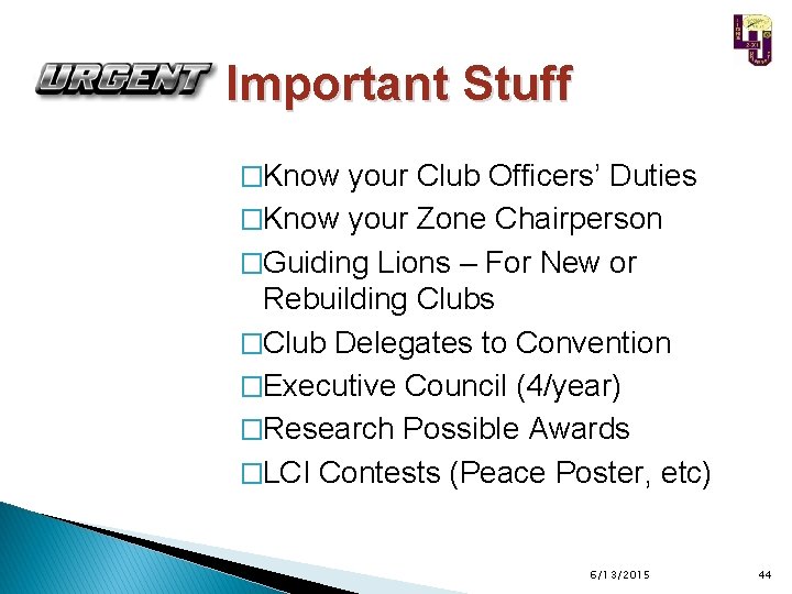 Important Stuff �Know your Club Officers’ Duties �Know your Zone Chairperson �Guiding Lions –