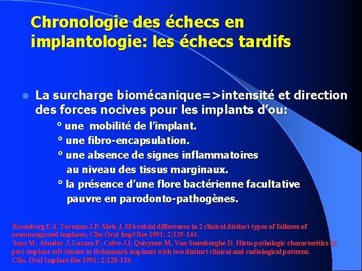 Chronologie des échecs en implantologie: les échecs tardifs La surcharge biomécanique=>intensité et direction des