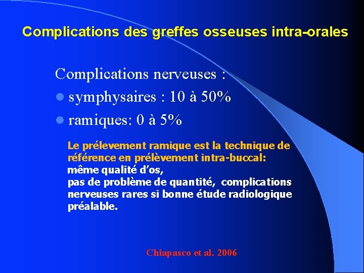 Complications des greffes osseuses intra-orales Complications nerveuses : symphysaires : 10 à 50% ramiques: