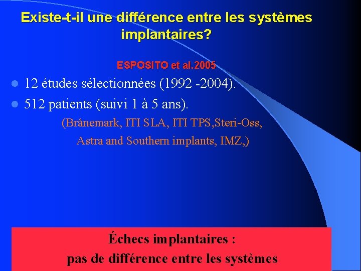 Existe-t-il une différence entre les systèmes implantaires? ESPOSITO et al. 2005 12 études sélectionnées