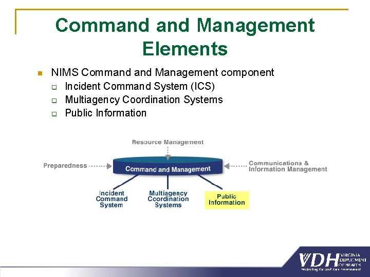 Command Management Elements n NIMS Command Management component q Incident Command System (ICS) q