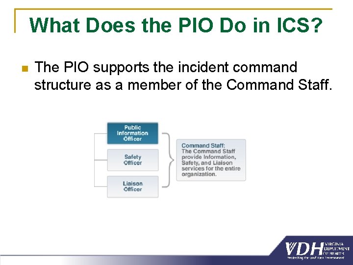 What Does the PIO Do in ICS? n The PIO supports the incident command