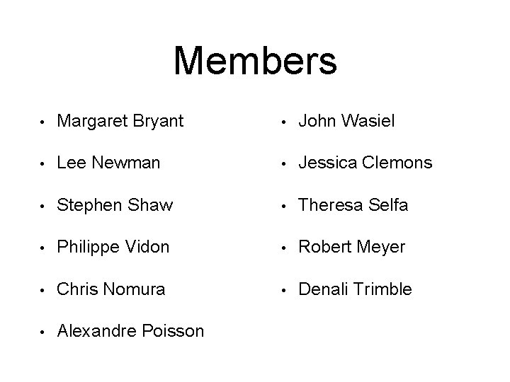 Members • Margaret Bryant • John Wasiel • Lee Newman • Jessica Clemons •