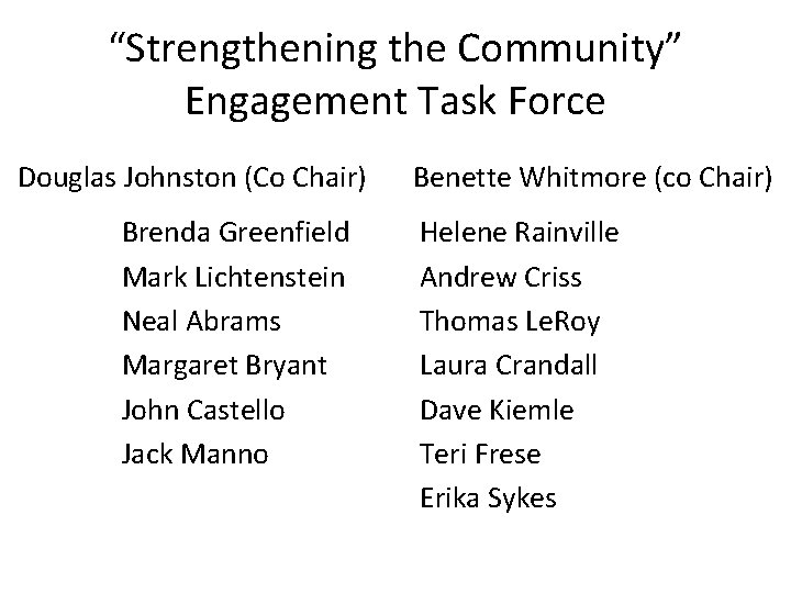 “Strengthening the Community” Engagement Task Force Douglas Johnston (Co Chair) Brenda Greenfield Mark Lichtenstein