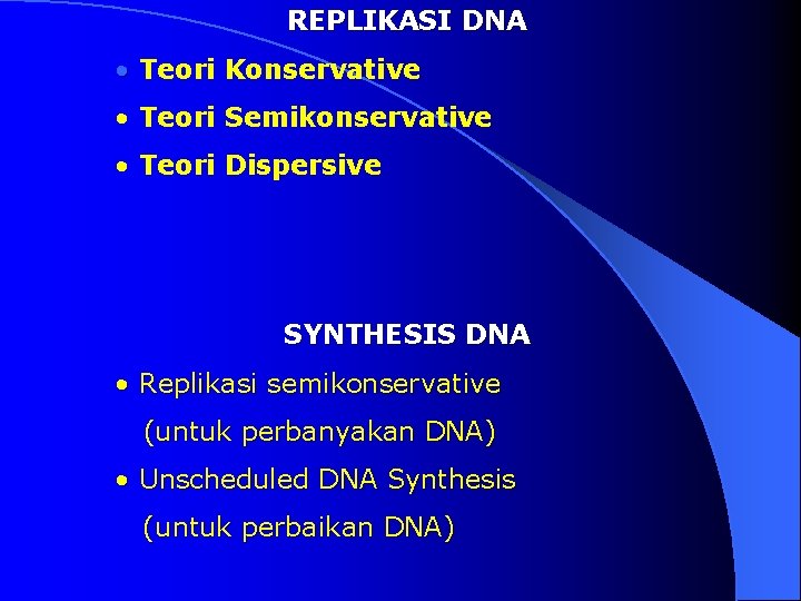 REPLIKASI DNA • Teori Konservative • Teori Semikonservative • Teori Dispersive SYNTHESIS DNA •