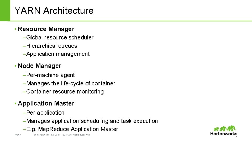 YARN Architecture • Resource Manager – Global resource scheduler – Hierarchical queues – Application