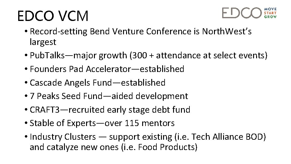 EDCO VCM • Record-setting Bend Venture Conference is North. West’s largest • Pub. Talks—major