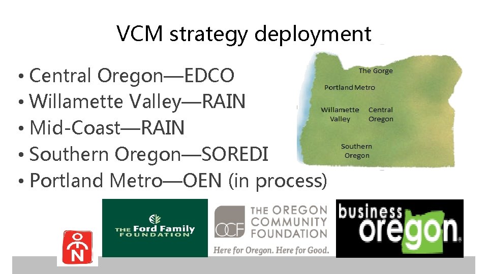 VCM strategy deployment • Central Oregon—EDCO • Willamette Valley—RAIN • Mid-Coast—RAIN • Southern Oregon—SOREDI