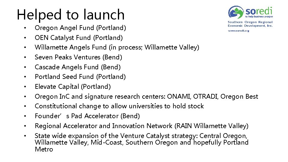 Helped to launch • Oregon Angel Fund (Portland) • OEN Catalyst Fund (Portland) •