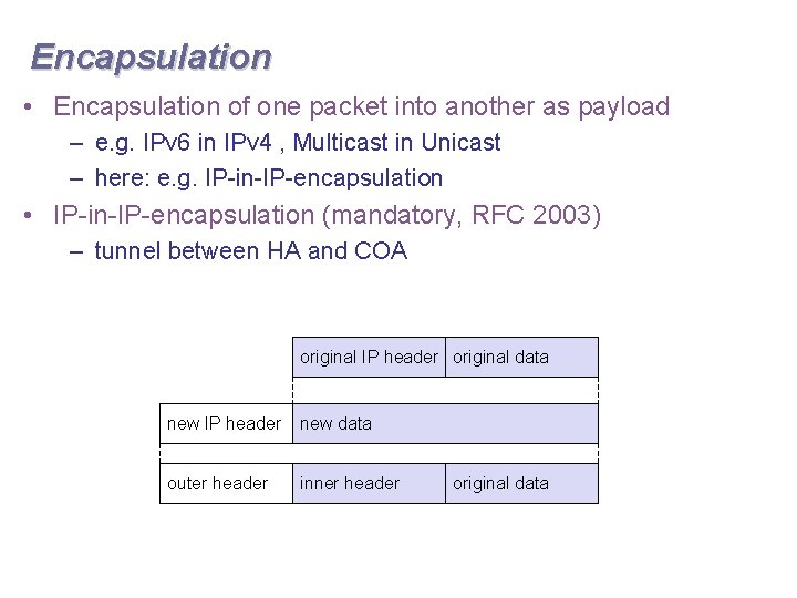 Encapsulation • Encapsulation of one packet into another as payload – e. g. IPv