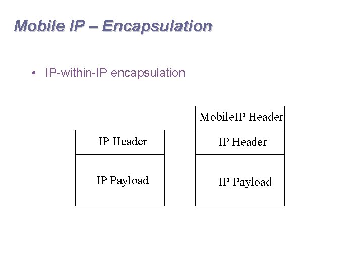 Mobile IP – Encapsulation • IP-within-IP encapsulation Mobile. IP Header IP Payload 
