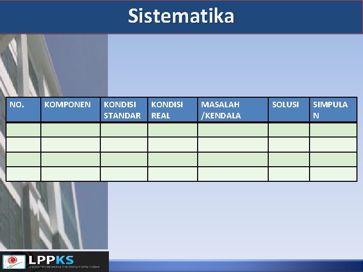 Sistematika NO. KOMPONEN KONDISI STANDAR KONDISI REAL MASALAH /KENDALA SOLUSI SIMPULA N 