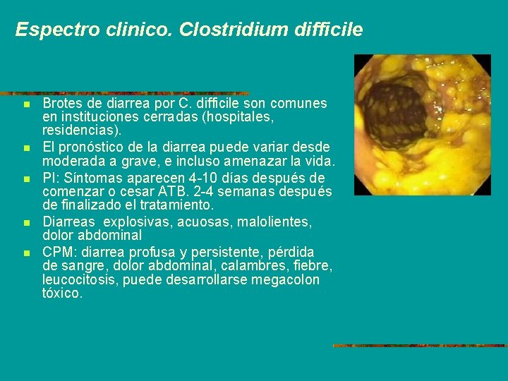 Espectro clinico. Clostridium difficile n n n Brotes de diarrea por C. difficile son