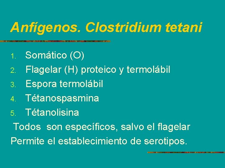 Anfígenos. Clostridium tetani Somático (O) 2. Flagelar (H) proteico y termolábil 3. Espora termolábil