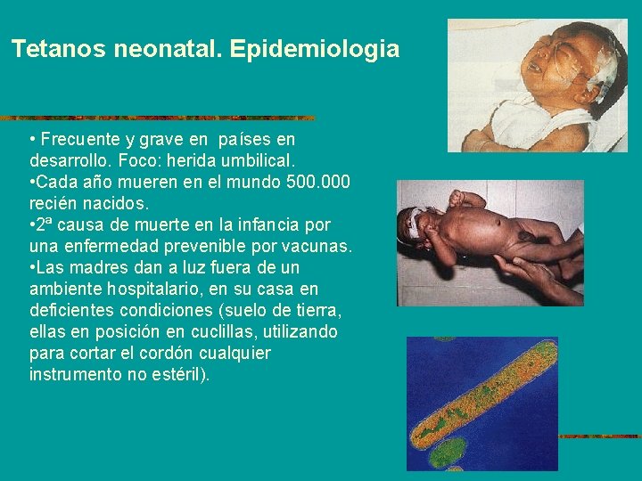 Tetanos neonatal. Epidemiologia • Frecuente y grave en países en desarrollo. Foco: herida umbilical.