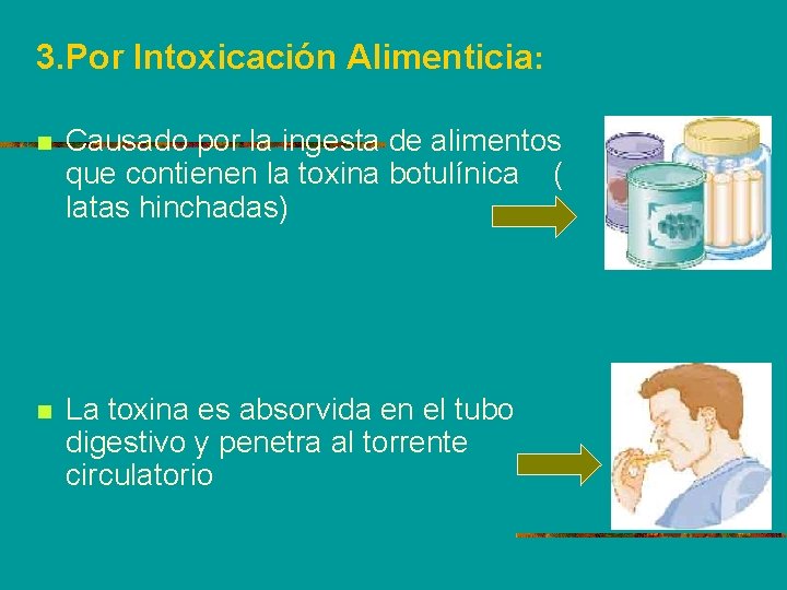 3. Por Intoxicación Alimenticia: n Causado por la ingesta de alimentos que contienen la