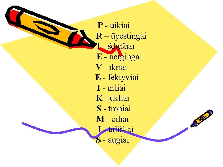 P - uikiai R – ūpestingai I - šdidžiai E - nergingai V -