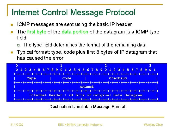 Internet Control Message Protocol n n n ICMP messages are sent using the basic