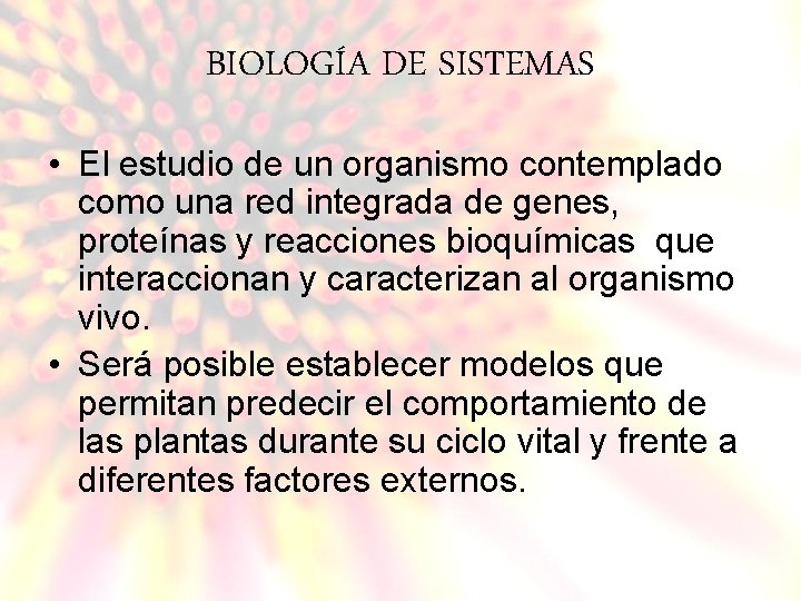 BIOLOGÍA DE SISTEMAS • El estudio de un organismo contemplado como una red integrada