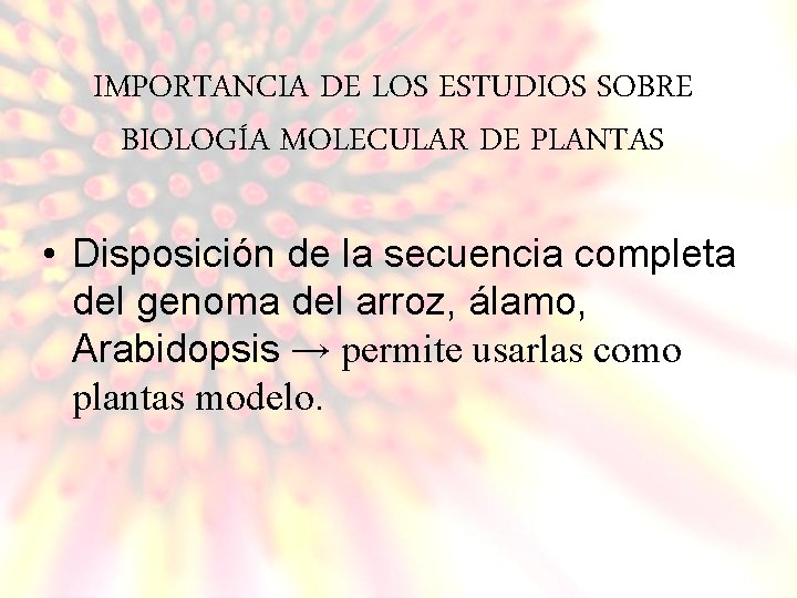 IMPORTANCIA DE LOS ESTUDIOS SOBRE BIOLOGÍA MOLECULAR DE PLANTAS • Disposición de la secuencia