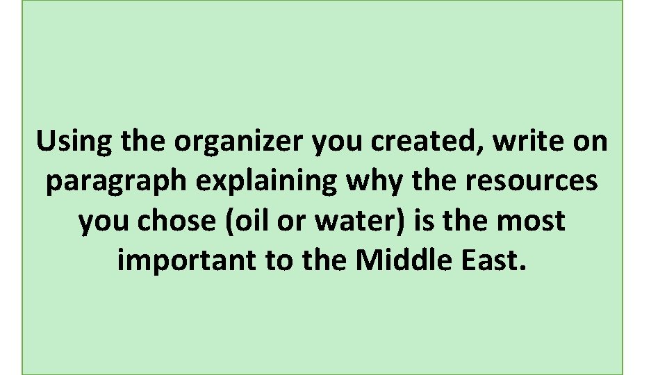 Using the organizer you created, write on paragraph explaining why the resources you chose