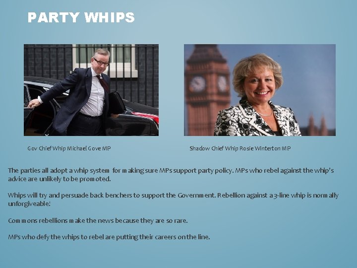 PARTY WHIPS Gov Chief Whip Michael Gove MP Shadow Chief Whip Rosie Winterton MP