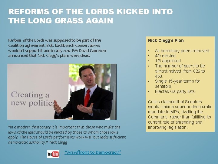 REFORMS OF THE LORDS KICKED INTO THE LONG GRASS AGAIN Reform of the Lords