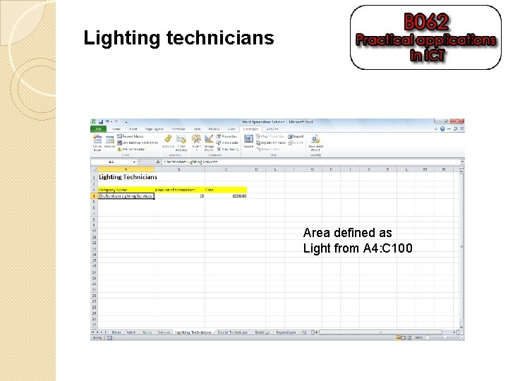 Lighting technicians Area defined as Light from A 4: C 100 