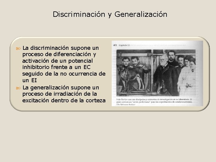 Discriminación y Generalización La discriminación supone un proceso de diferenciación y activación de un