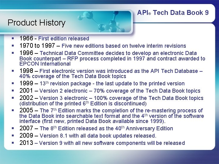 API® Tech Data Book 9 Product History § 1966 - First edition released §