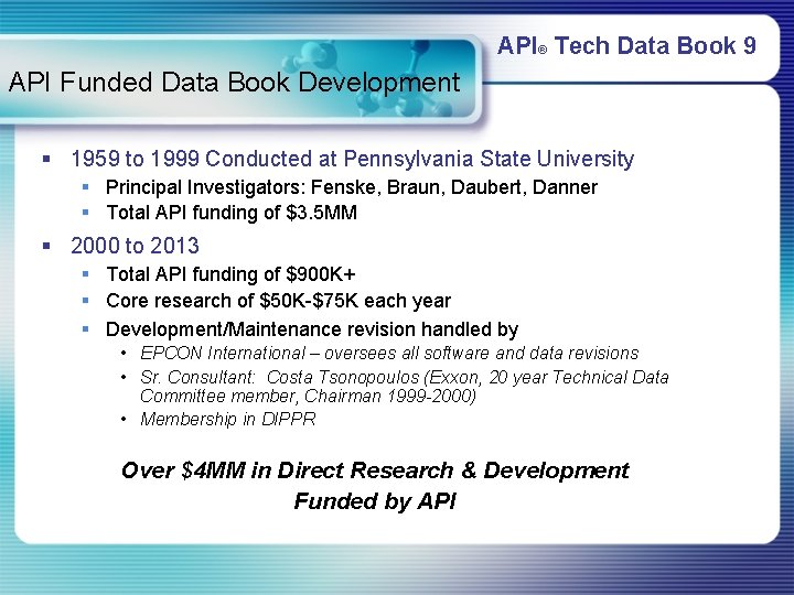 API® Tech Data Book 9 API Funded Data Book Development § 1959 to 1999