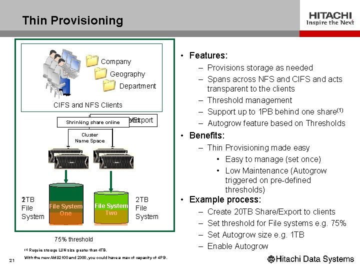 Thin Provisioning • Features: Company Geography Department CIFS and NFS Clients 5 TB 20