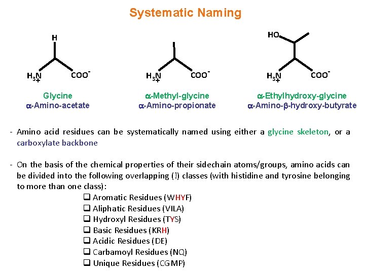 Systematic Naming HO H H 3 N + COO- Glycine -Amino-acetate H 3 N